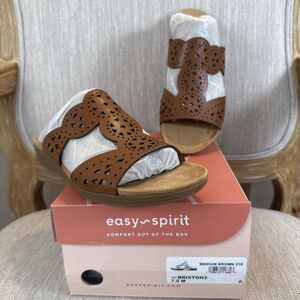 Easy Spirit Brixton3 Women's Slip On Brown Sandals 7.5M comfort laser cut Wedge